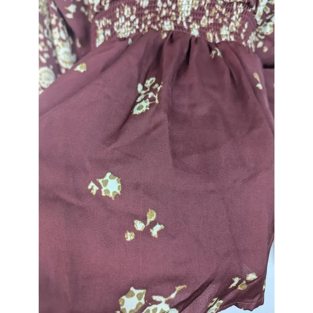 Free People Run Free Floral Tie Button Front Long Sleeve Blouse Boho